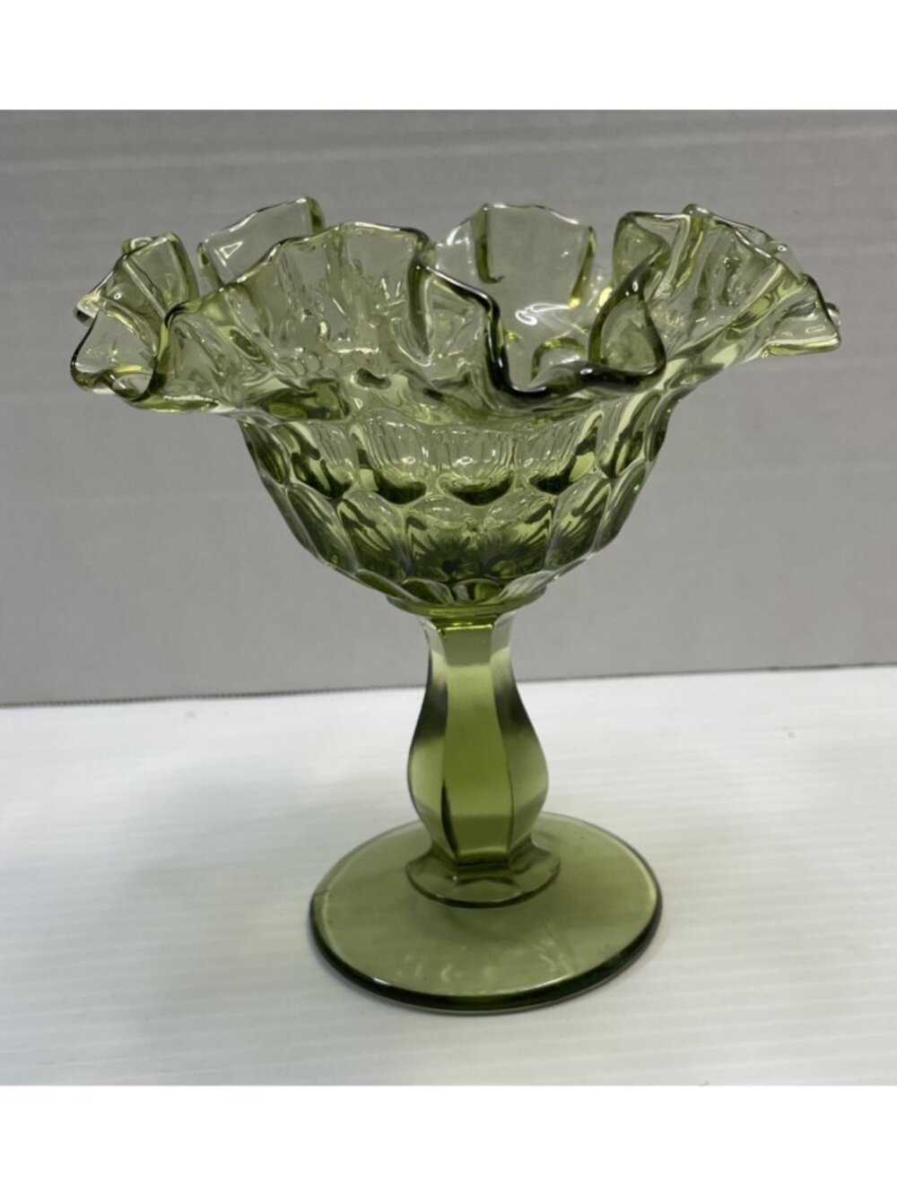 Fenton Colonial Green Thumbprint Ruffled Compote Pedestal Dish Vintage - EUC